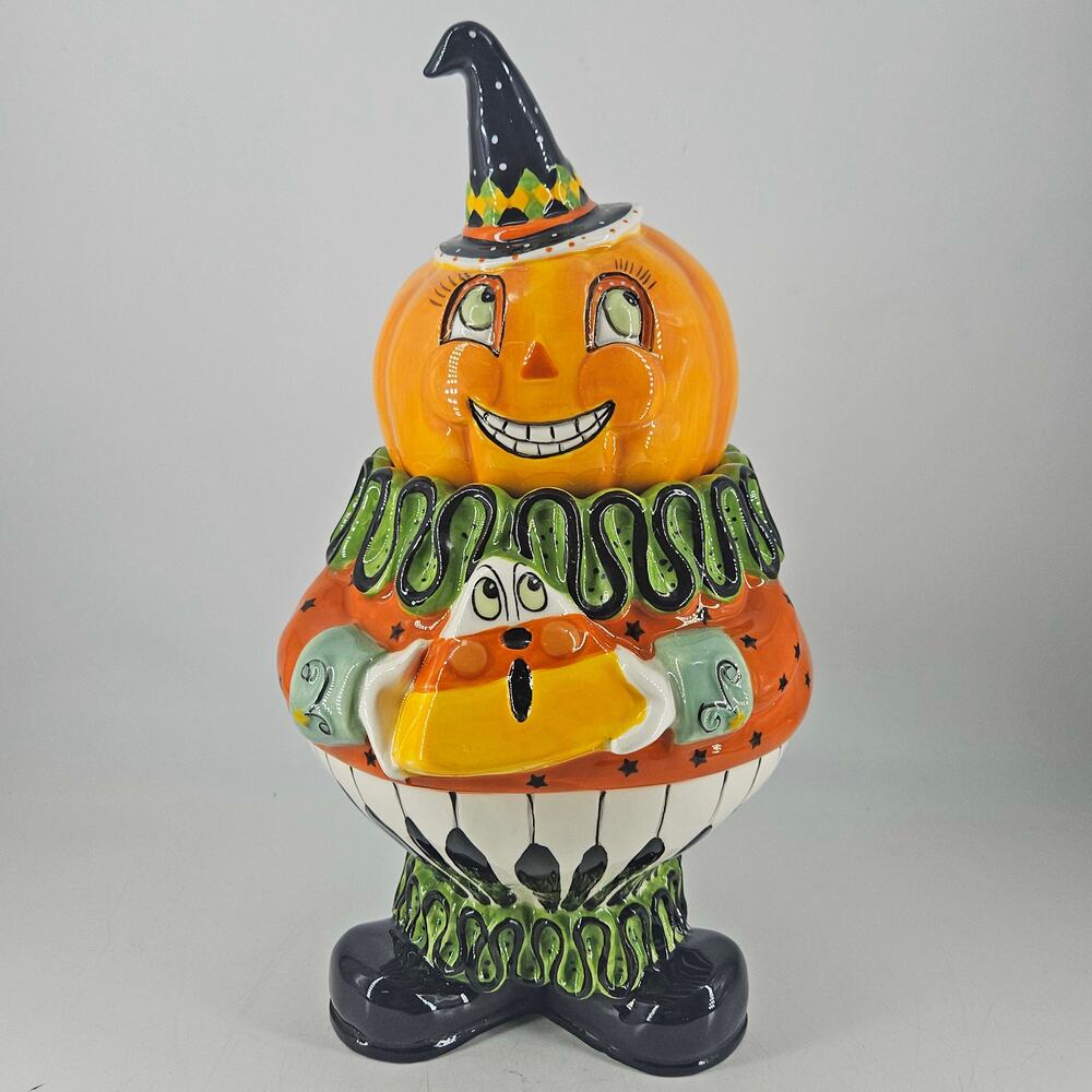 Blue Sky Clayworks Halloween Pumpkin w candy corn Treats Canister Cookie Jar